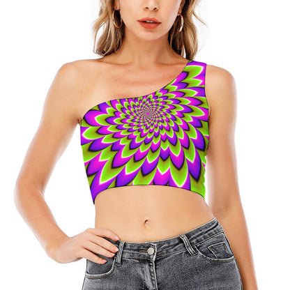 Green Expansion Moving Optical Illusion One Shoulder Crop Top