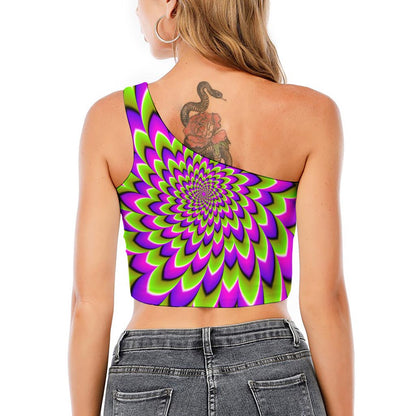 Green Expansion Moving Optical Illusion One Shoulder Crop Top