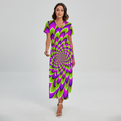 Green Expansion Moving Optical Illusion Short Sleeve Maxi Dress