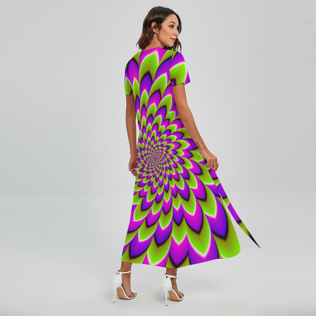 Green Expansion Moving Optical Illusion Short Sleeve Maxi Dress