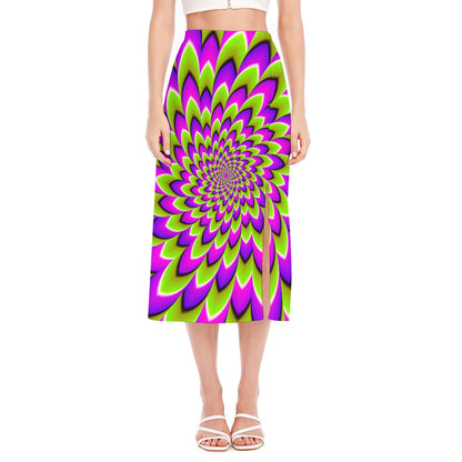Green Expansion Moving Optical Illusion Side Slit Midi Skirt