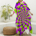 Green Expansion Moving Optical Illusion Silk V-Neck Kaftan Dress