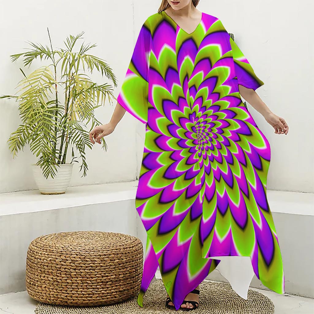 Green Expansion Moving Optical Illusion Silk V-Neck Kaftan Dress