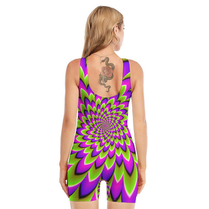 Green Expansion Moving Optical Illusion Sleeveless One Piece Swimsuit