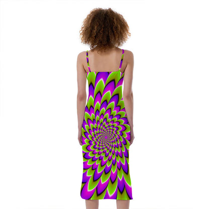 Green Expansion Moving Optical Illusion Slim Fit Midi Cami Dress