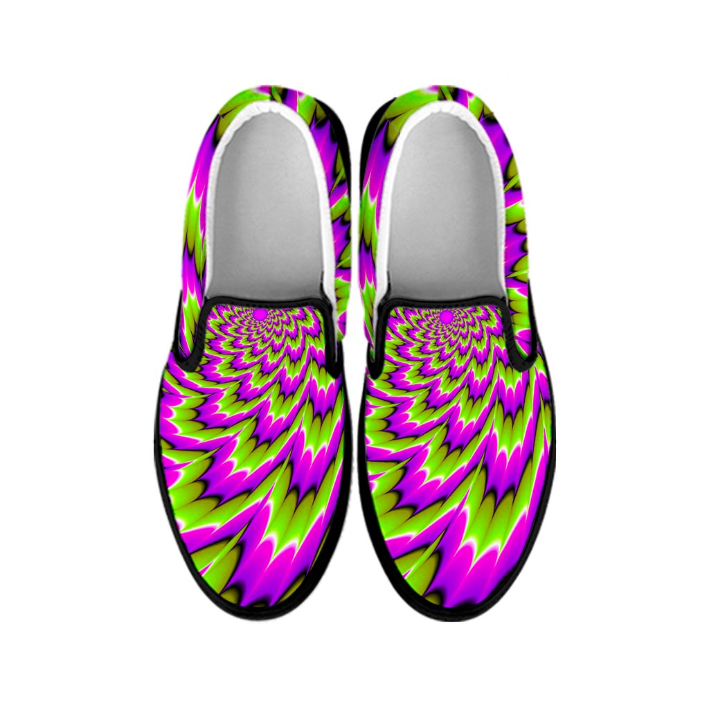 Green Explosion Moving Optical Illusion Black Slip On Sneakers