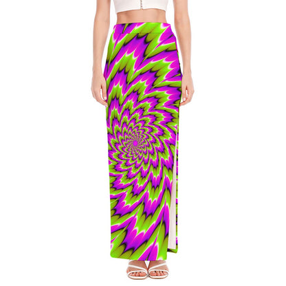 Green Explosion Moving Optical Illusion High Slit Maxi Skirt