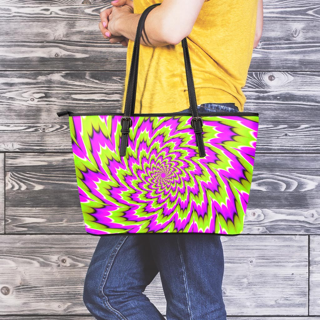 Green Explosion Moving Optical Illusion Leather Tote Bag