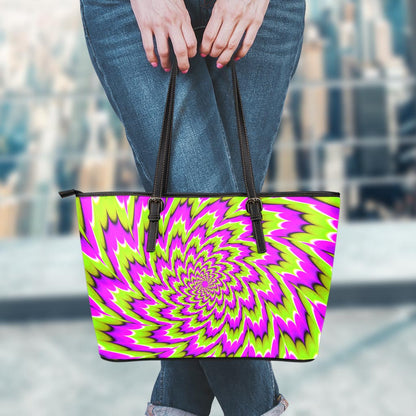 Green Explosion Moving Optical Illusion Leather Tote Bag
