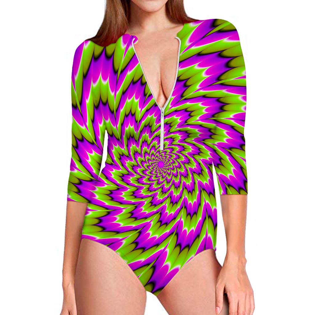 Green Explosion Moving Optical Illusion Long Sleeve Swimsuit