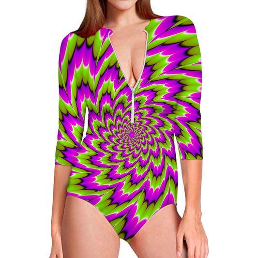 Green Explosion Moving Optical Illusion Long Sleeve Swimsuit