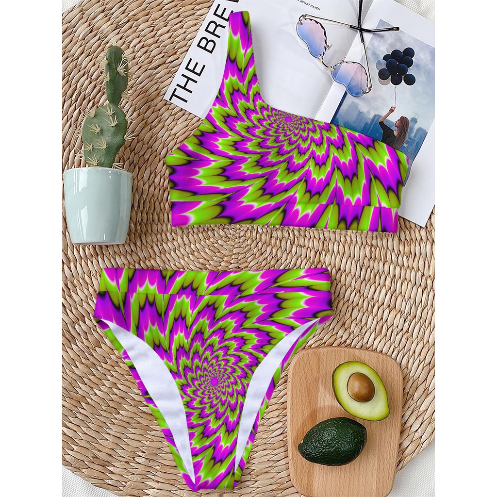 Green Explosion Moving Optical Illusion One Shoulder Bikini Top