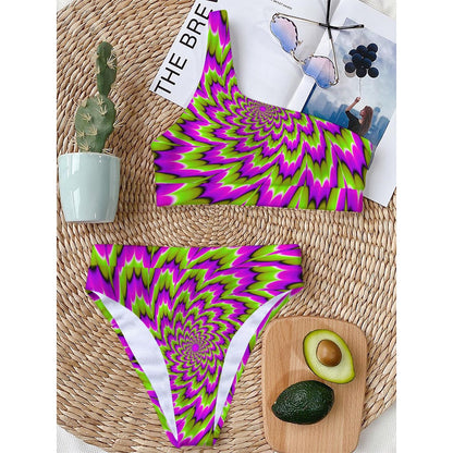 Green Explosion Moving Optical Illusion One Shoulder Bikini Top