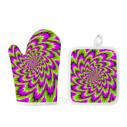 Green Explosion Moving Optical Illusion Oven Mitt And Pot Holder Set