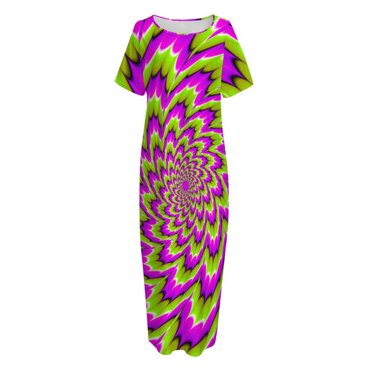 Green Explosion Moving Optical Illusion Short Sleeve Long Nightdress