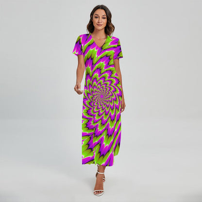 Green Explosion Moving Optical Illusion Short Sleeve Maxi Dress