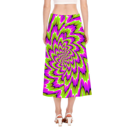 Green Explosion Moving Optical Illusion Side Slit Midi Skirt