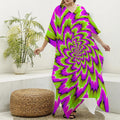 Green Explosion Moving Optical Illusion Silk V-Neck Kaftan Dress
