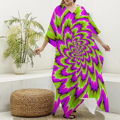 Green Explosion Moving Optical Illusion Silk V-Neck Kaftan Dress
