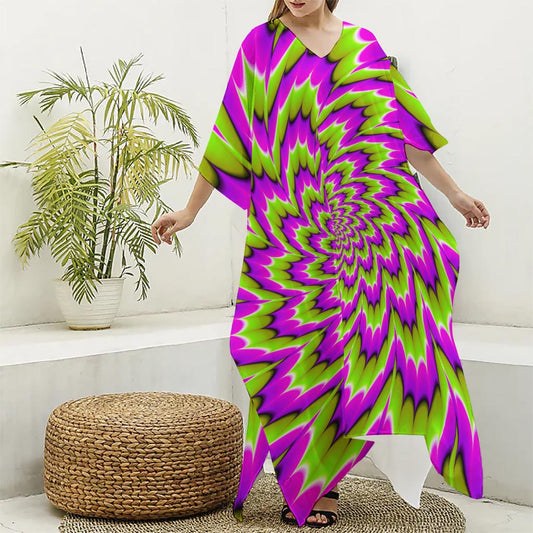 Green Explosion Moving Optical Illusion Silk V-Neck Kaftan Dress