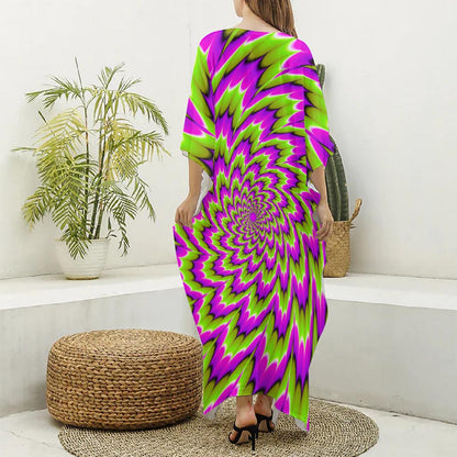 Green Explosion Moving Optical Illusion Silk V-Neck Kaftan Dress