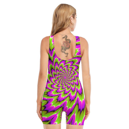 Green Explosion Moving Optical Illusion Sleeveless One Piece Swimsuit