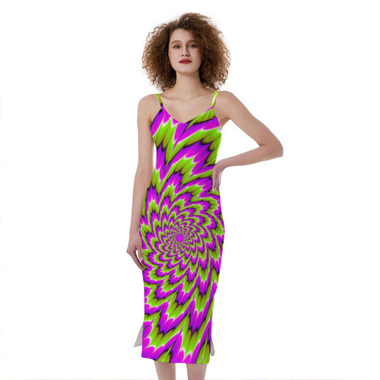 Green Explosion Moving Optical Illusion Slim Fit Midi Cami Dress
