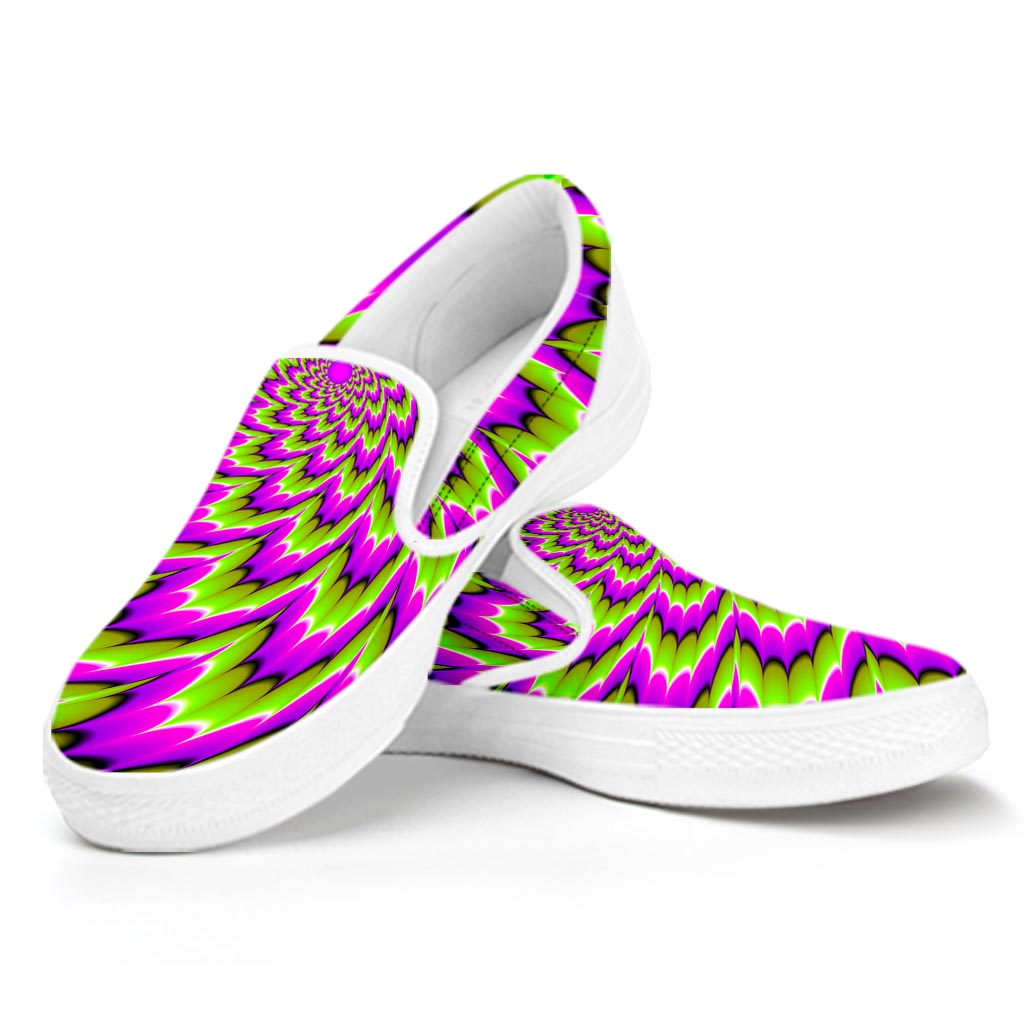 Green Explosion Moving Optical Illusion White Slip On Sneakers