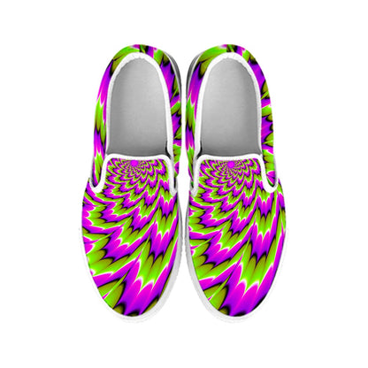 Green Explosion Moving Optical Illusion White Slip On Sneakers