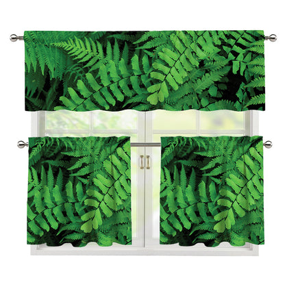 Green Fern Leaf Print 3 Piece Kitchen Curtains