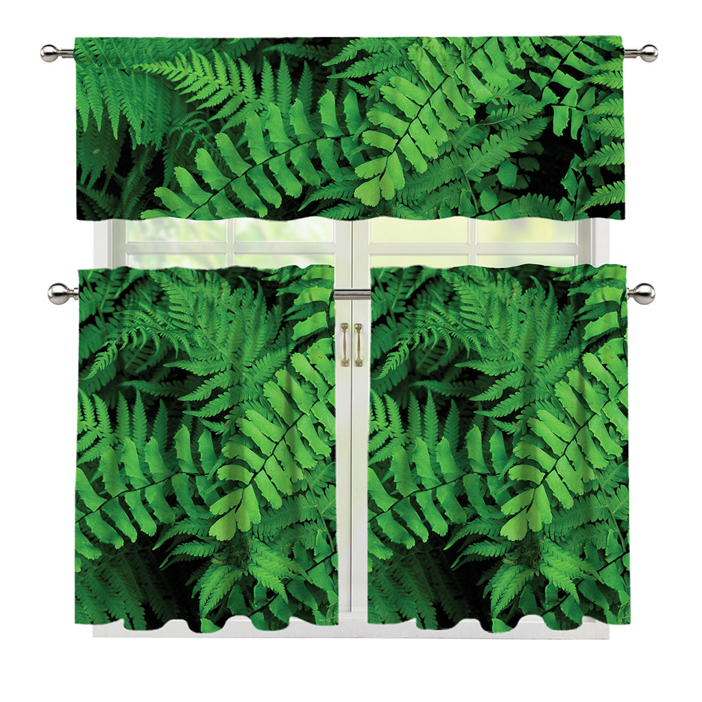 Green Fern Leaf Print 3 Piece Kitchen Curtains