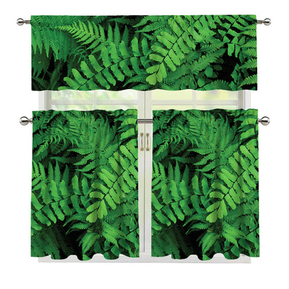Green Fern Leaf Print 3 Piece Kitchen Curtains