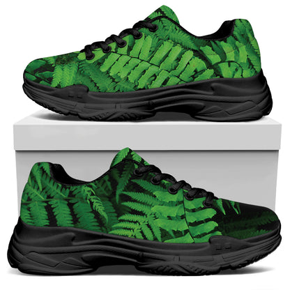 Green Fern Leaf Print Black Chunky Shoes