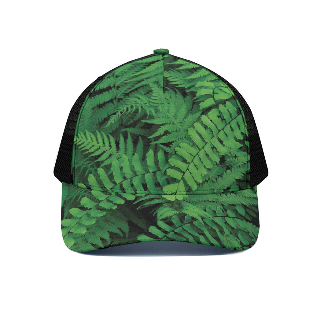 Green Fern Leaf Print Black Mesh Trucker Cap