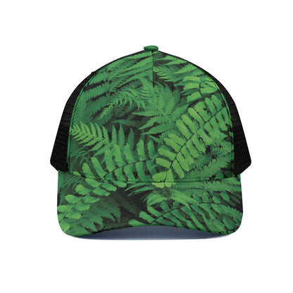 Green Fern Leaf Print Black Mesh Trucker Cap