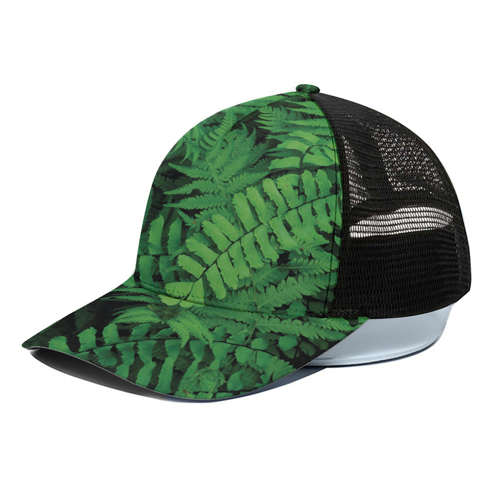 Green Fern Leaf Print Black Mesh Trucker Cap