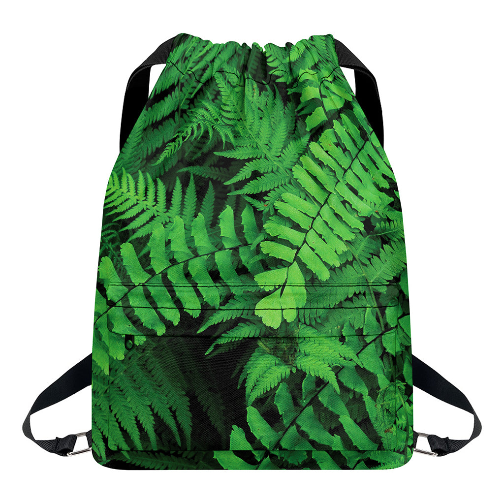 Green Fern Leaf Print Drawstring Backpack