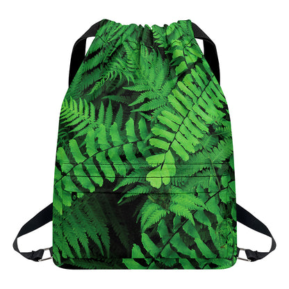 Green Fern Leaf Print Drawstring Backpack