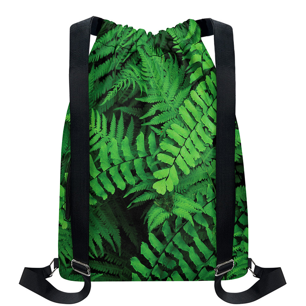 Green Fern Leaf Print Drawstring Backpack
