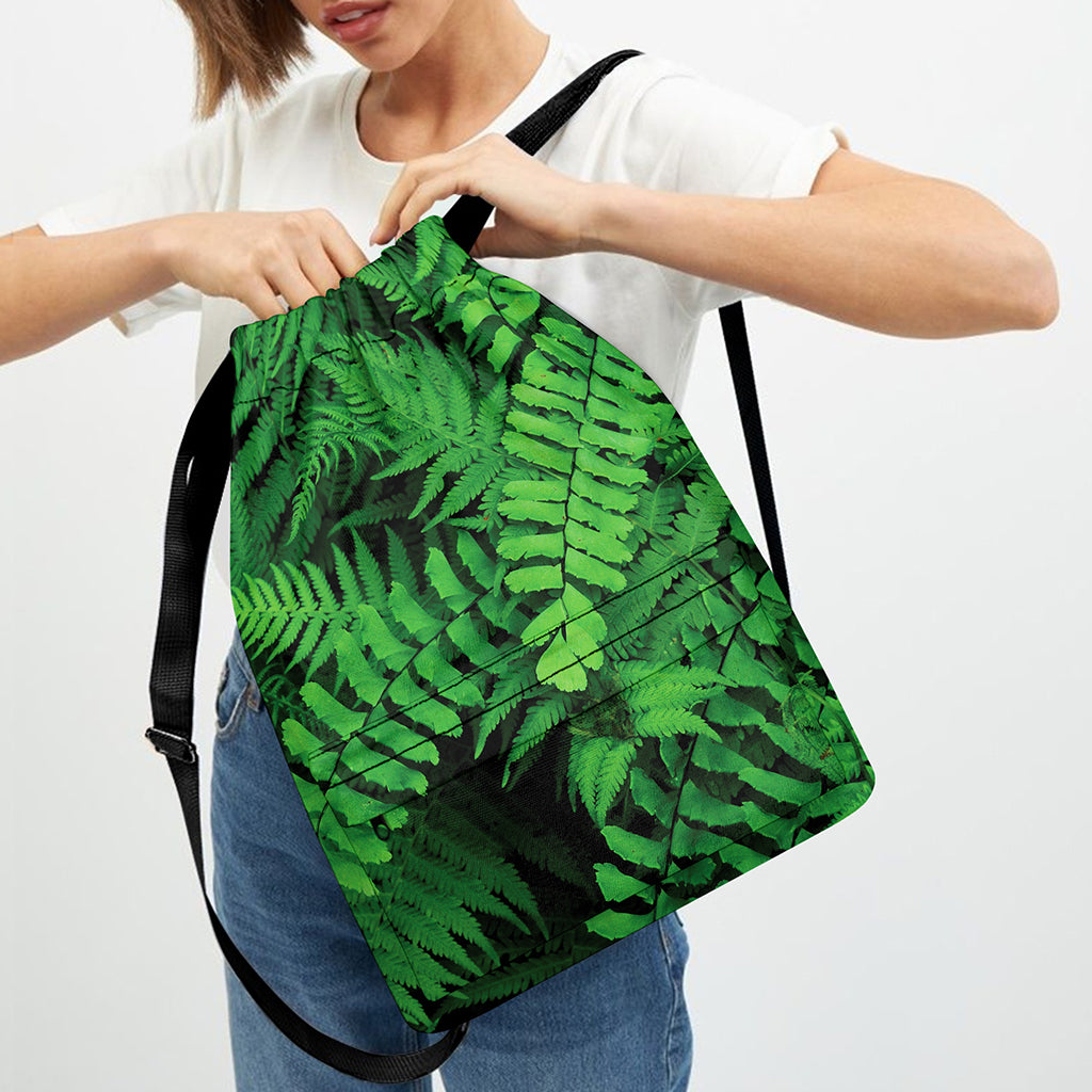 Green Fern Leaf Print Drawstring Backpack