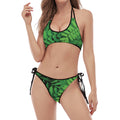 Green Fern Leaf Print Halter Scoop Tie Side Bikini