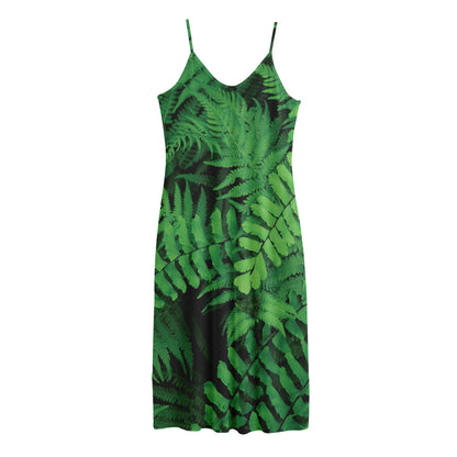 Green Fern Leaf Print Jersey Midi Cami Dress