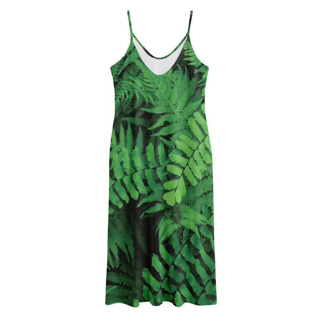 Green Fern Leaf Print Jersey Midi Cami Dress