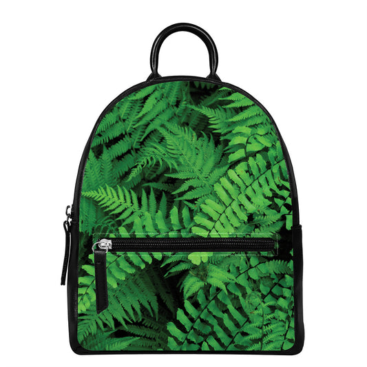 Green Fern Leaf Print Leather Backpack