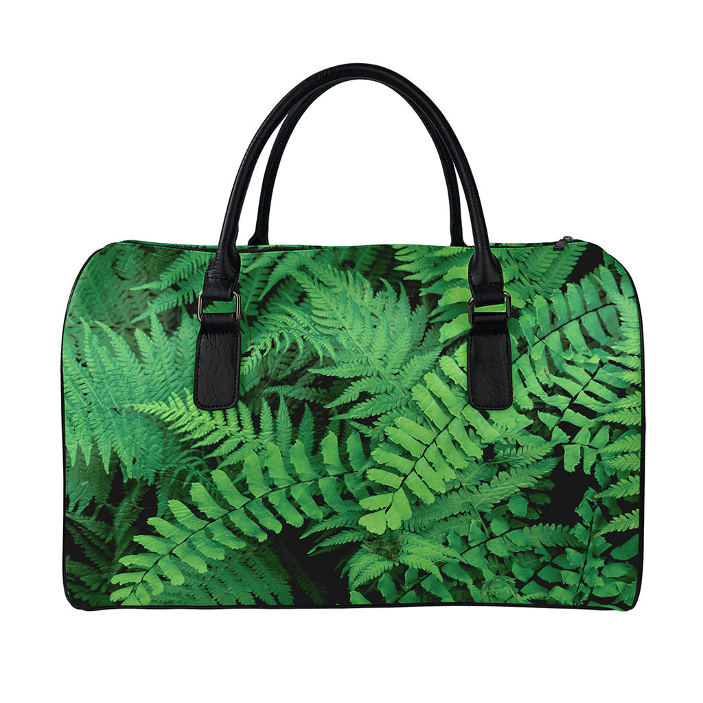 Green Fern Leaf Print Leather Duffle Bag