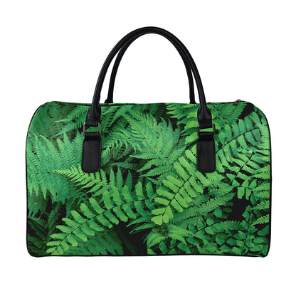 Green Fern Leaf Print Leather Duffle Bag