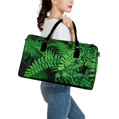Green Fern Leaf Print Leather Duffle Bag