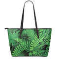 Green Fern Leaf Print Leather Tote Bag With Zipper