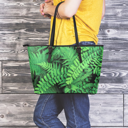 Green Fern Leaf Print Leather Tote Bag