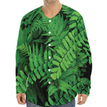 Green Fern Leaf Print Long Sleeve Baseball Jersey